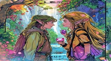 《异世界恋人》漫画封面，异世界奇幻场景中人类与精灵相遇，画面色彩绚丽，羞羞漫画奇幻专区