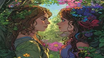 《异世界恋人》漫画封面,异世界奇幻场景中人类与精灵相遇,画面色彩绚丽,羞羞漫画奇幻专区