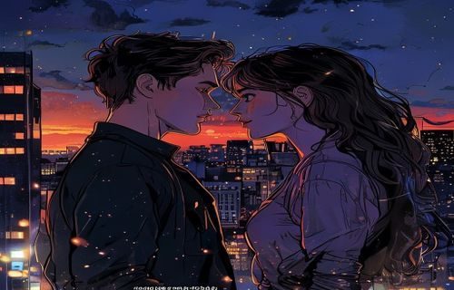 《心动禁区》漫画封面，男女主角在都市夜景下对视，画面浪漫唯美，羞羞漫画独家连载作品