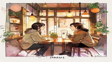 《时光里的你》漫画封面，温暖的咖啡馆场景，两人隔窗对视，治愈系画风，羞羞漫画治愈系TOP