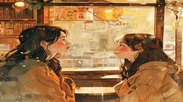 《时光里的你》漫画封面,温暖的咖啡馆场景,两人隔窗对视,治愈系画风,羞羞漫画治愈系TOP