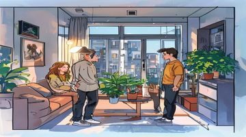 《深夜同居》漫画封面，现代公寓场景中两位主角尴尬相遇，都市生活感强，羞羞漫画热门完结