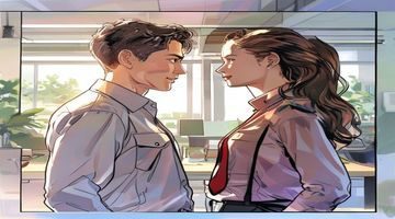 《职场甜蜜陷阱》漫画封面，职场办公室场景，女主角与男上司暧昧对视，画面精致，羞羞漫画高分推荐