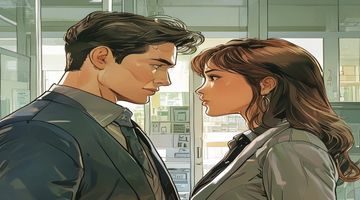 《职场甜蜜陷阱》漫画封面,职场办公室场景,女主角与男上司暧昧对视,画面精致,羞羞漫画高分推荐